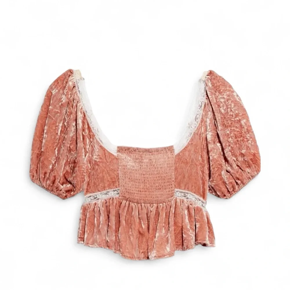Free People Yours Truly Crushed Velvet Lace Puff Sleeve Peplum Top Pink S Boho